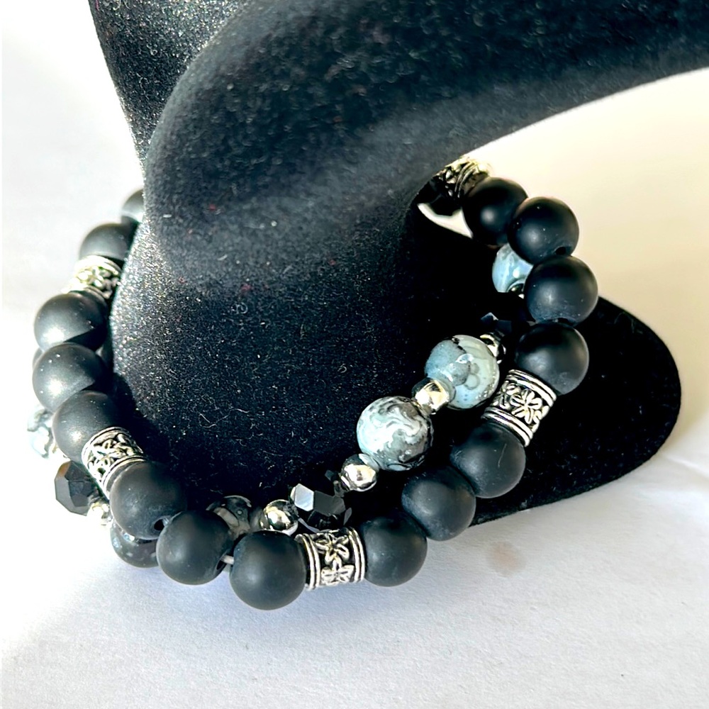 New Pair of Ladies Handmade Black Beaded Bracelets With Silver